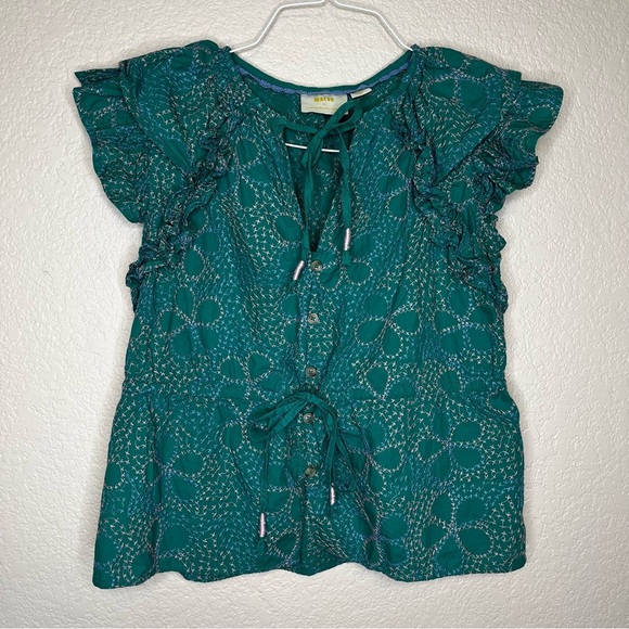 Anthropologie Maeve Ruffled Button Down Green Blouse with Embroidery Size XS - Picture 1 of 16